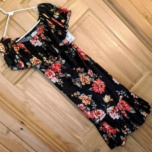 LuLaRoe Cici Black Floral Velve Boho Ruffle Collar Off Shoulder Dress Sz Sm-Med
